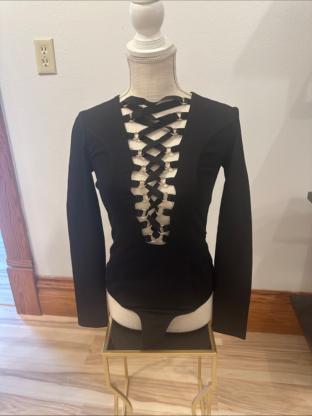 NUDE size s Black Long Sleeve Lace-Up Deep V Bodysuit